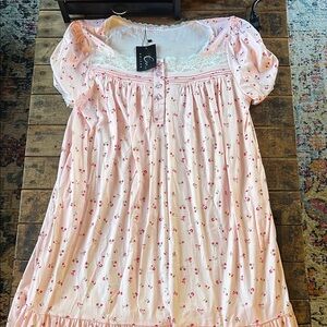 Pink Floral Nightgown with Lace Trim
